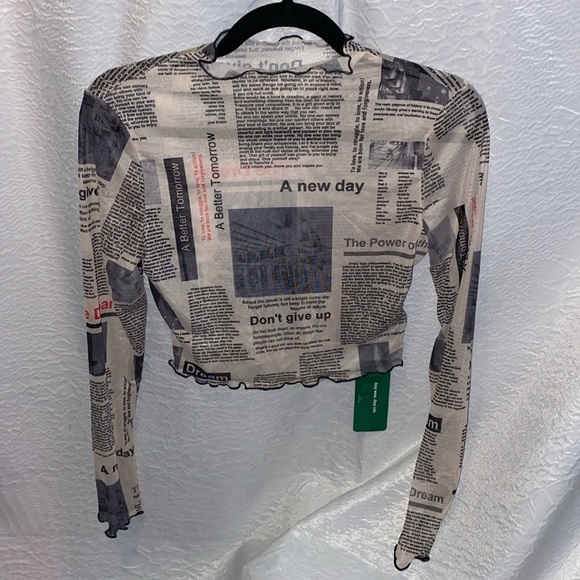 NWT X Sanya Newspaper Print Lettuce Trim Mock Neck Crop Mesh Top Small - Picture 6 of 7